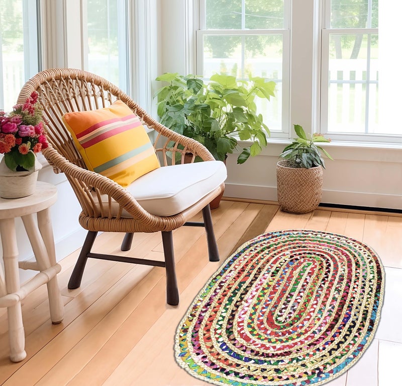 COTTON CRAFT Jute Chindi Braid Rag Rug - Boho Farmhouse Rustic Area Accent Throw Rug - Handwoven Reversible Natural Recycled Cotton- Living Room Den Study Home DÃ©cor Gift - 2' x 3' Oval - Multi Color - Image 3